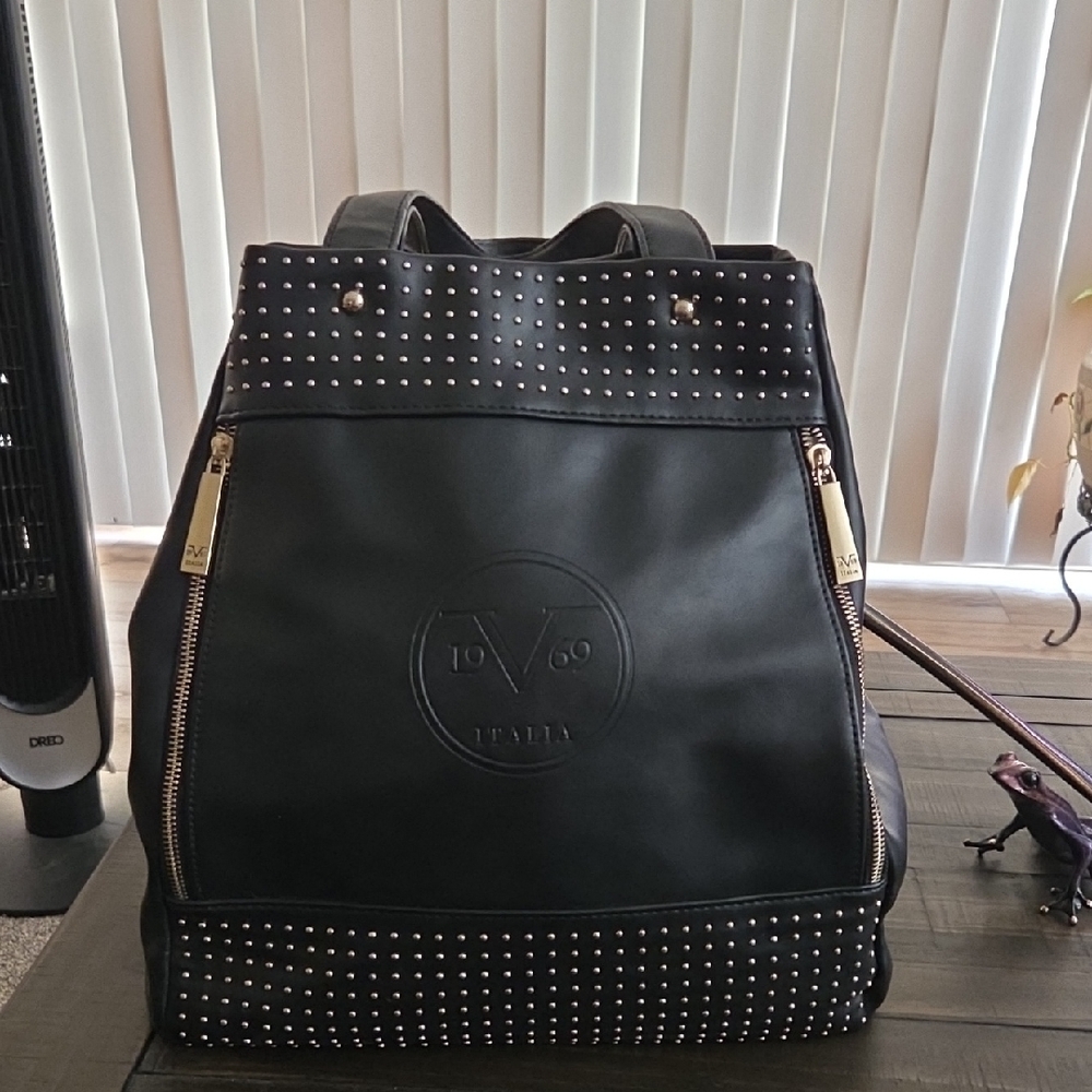 V1969 Italia Black Studded Leather Satchel Backpack